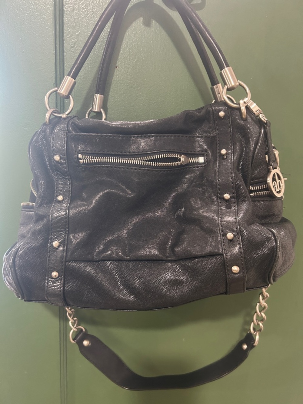 Audrey Brooke Black Studded Shoulder Satchel with Chain Detail